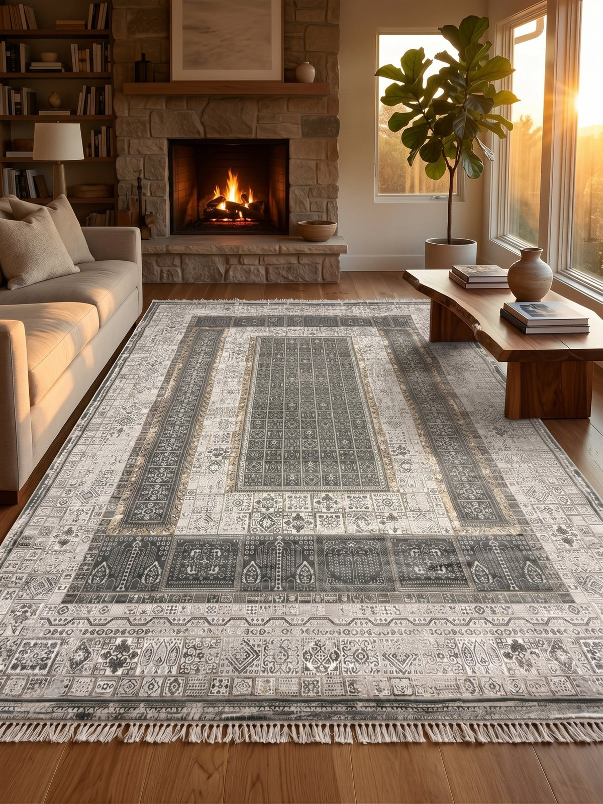 Light Gray Geometric-Tile Panel Turkish Rug styled in a room — Stylish Rugs & Carpets, Sacramento