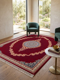 Crimson Red & Gold Scroll Persian Rug · 1200 Reeds — size 6.5x10 Feet (200x300 cm) 6Meters shown to scale in a living room — Stylish Rugs & Carpets, Sacramento