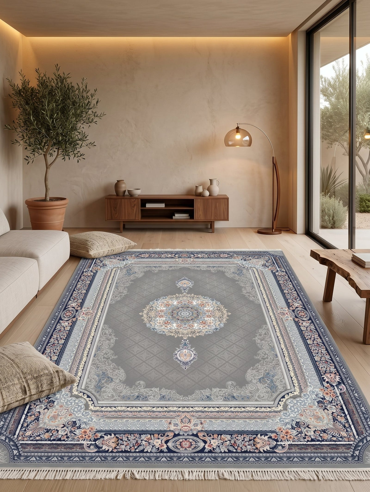 Steel Gray Classic Medallion Persian Rug · 1200 Reeds styled in a room — Stylish Rugs & Carpets, Sacramento