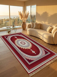 Royal Red Medallion Persian Rug · 1200 Reeds — size 3x13 Feet (91x400 cm) 4Meters Runner shown to scale in a living room — Stylish Rugs & Carpets, Sacramento