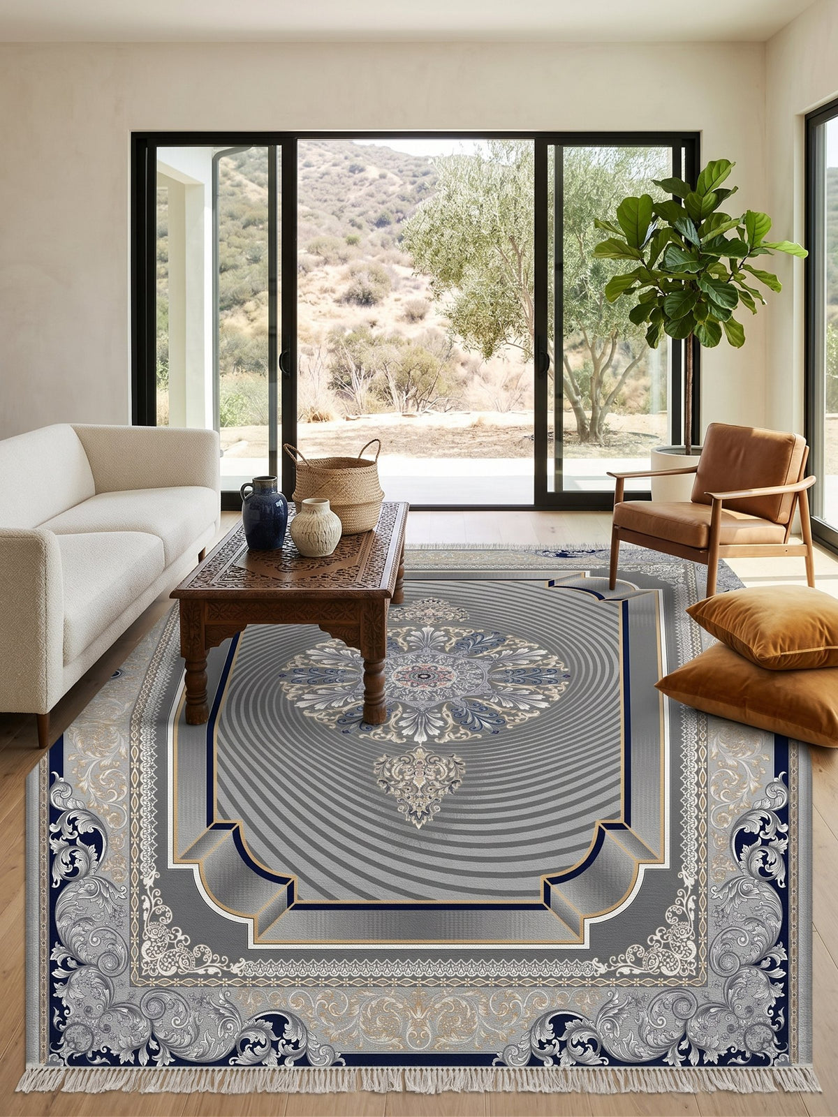 Dark Gray 3D Persian Rug · 1200 Reeds — size 10x13 Feet (300x400 cm) 12Meters shown to scale in a living room — Stylish Rugs & Carpets, Sacramento