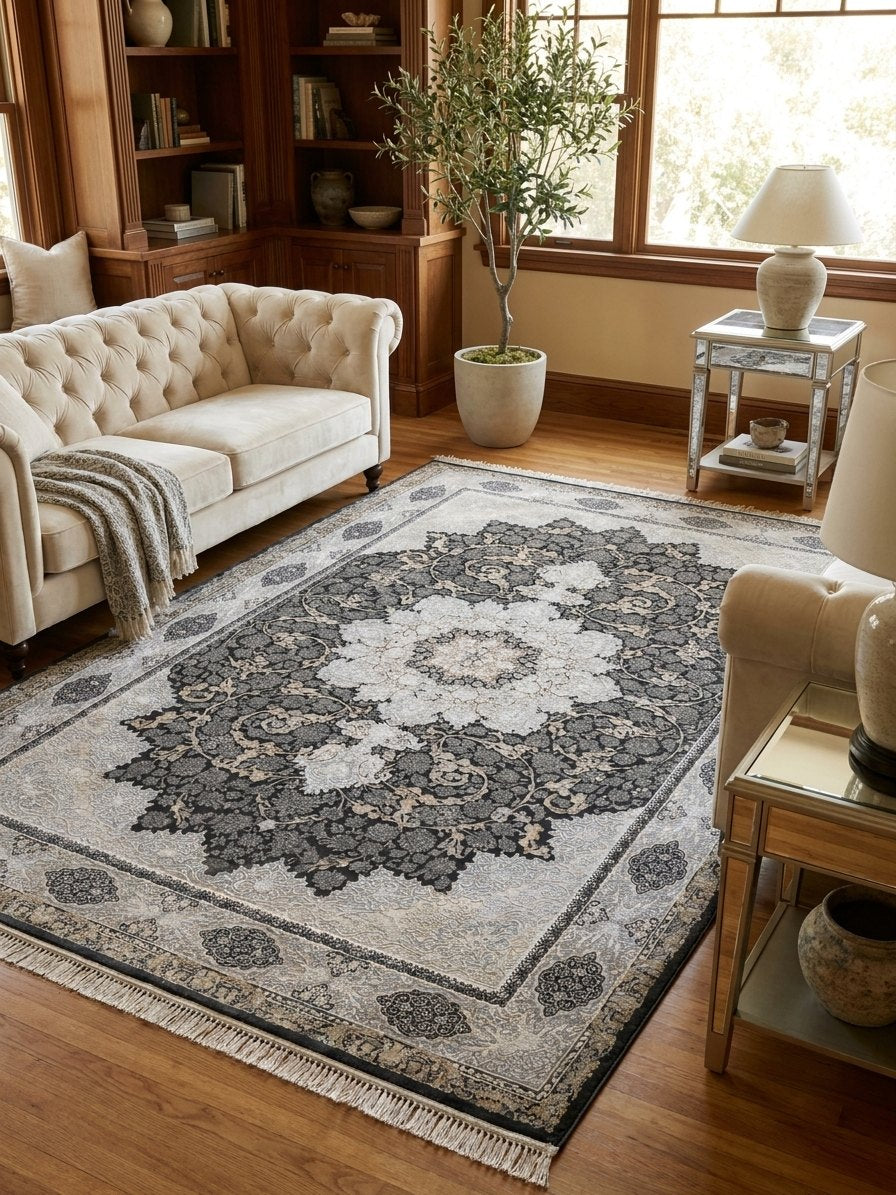 Gray & Gold Medallion Persian Rug rug styled in a Sacramento home — Stylish Rugs & Carpets