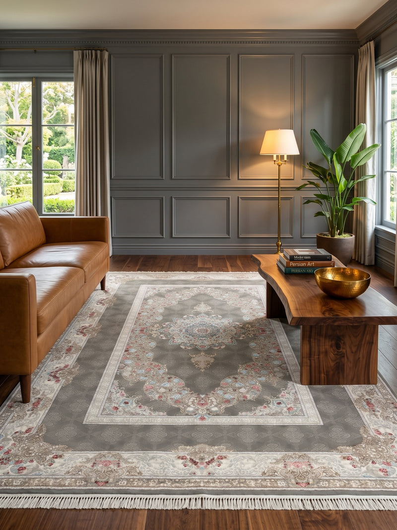 Classic Persian Carpet Medallion Design Gray Background Cream Border 2 Million Points