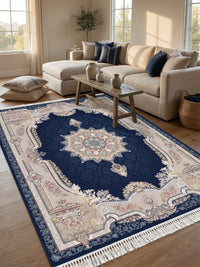 Deep Navy Ornate-Frame Persian Rug · 1200 Reeds — size 3x6Feet (91x200cm)  2Meters Runner shown to scale in a living room — Stylish Rugs & Carpets, Sacramento