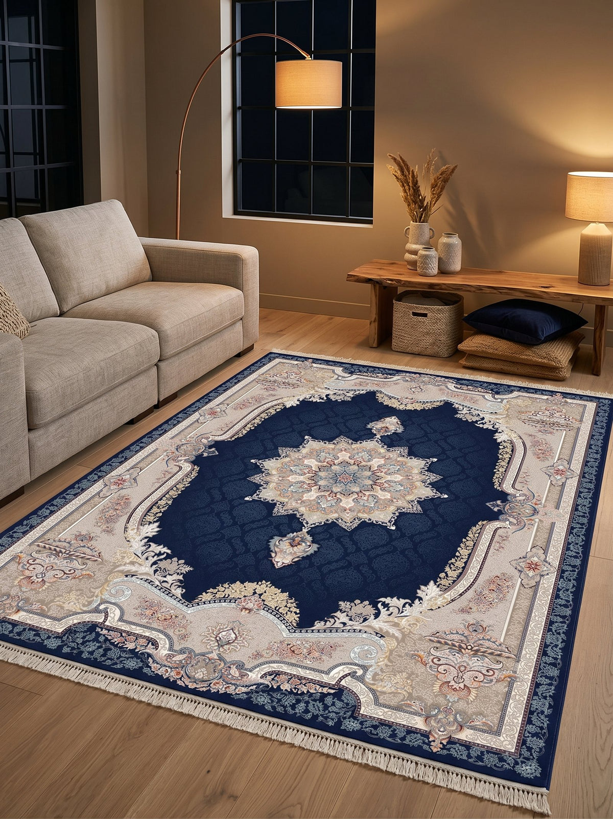 Deep Navy Ornate-Frame Persian Rug · 1200 Reeds — size 10x13 Feet (300x400 cm) 12Meters shown to scale in a living room — Stylish Rugs & Carpets, Sacramento