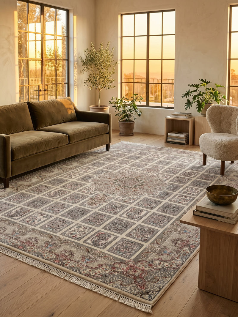 Classic Persian Carpet Kheshti Design Cream Background Gray Border 2 Million Points