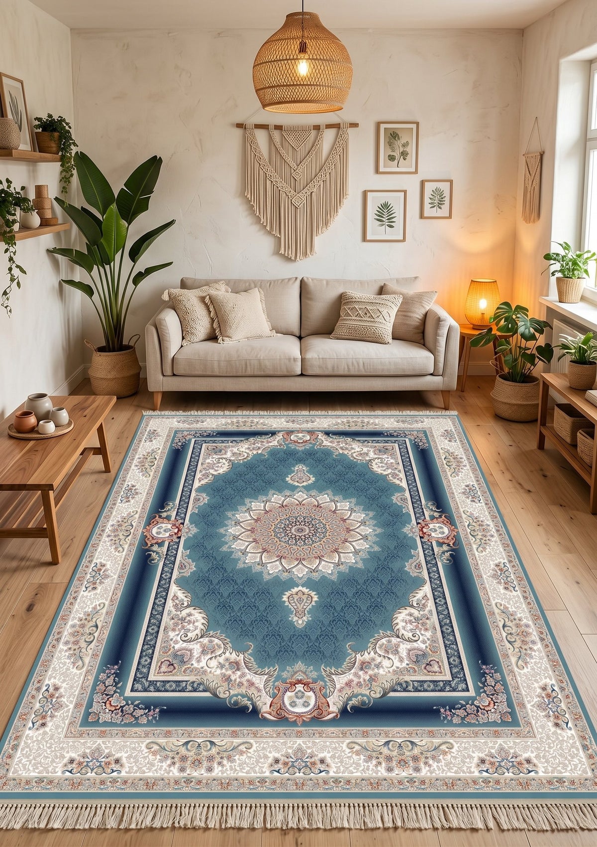 Teal Blue Royal Medallion Persian Rug · 1200 Reeds styled in a room — Stylish Rugs & Carpets, Sacramento