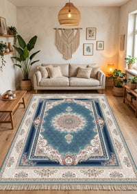 Teal Blue Royal Medallion Persian Rug · 1200 Reeds styled in a room — Stylish Rugs & Carpets, Sacramento