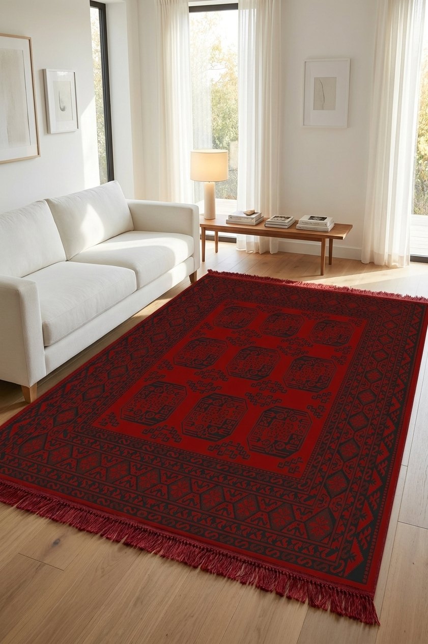 Turkmen Bokhara Rug - Red and Black - 700 Reeds — area rug styled in a room, Stylish Rugs & Carpets, Sacramento