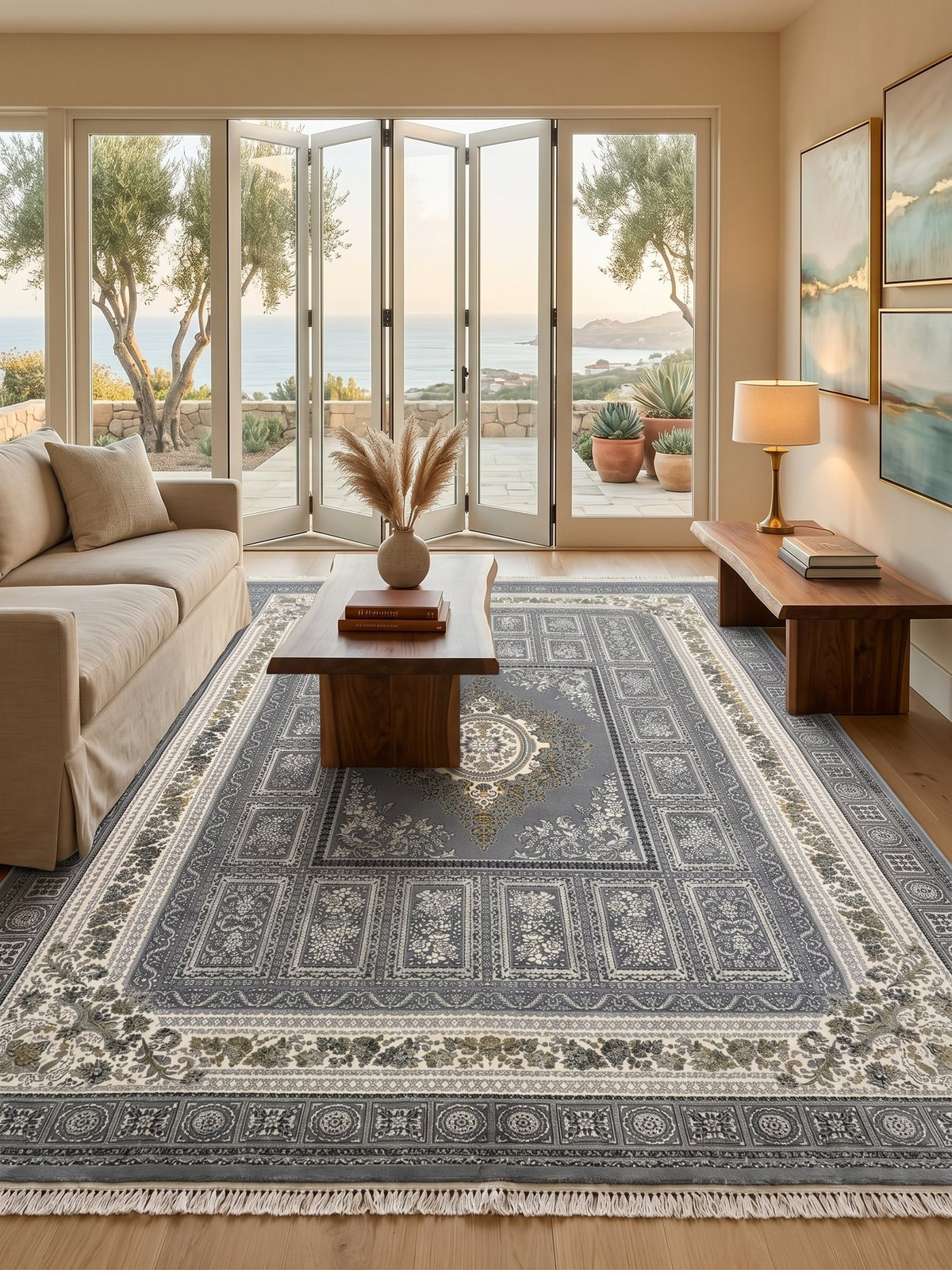 Gray & Silver Medallion Persian Rug · 1200 Reeds styled in a room — Stylish Rugs & Carpets, Sacramento