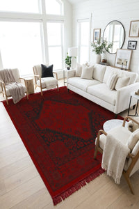 Red & Black Grand Medallion Turkish Rug — area rug styled in a room, Stylish Rugs & Carpets, Sacramento