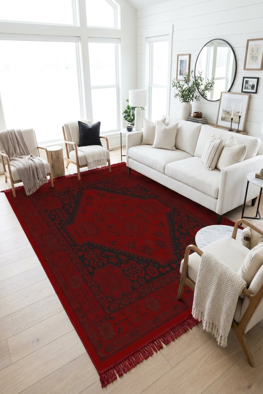 Red & Black Grand Medallion Turkish Rug — area rug styled in a room, Stylish Rugs & Carpets, Sacramento
