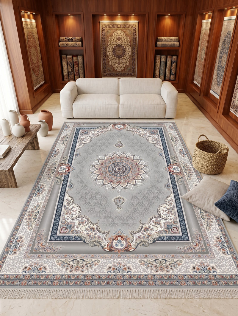 2026 Luxury Persian-Inspired Traditional Rug Light Gray Lotus Medallion 1200 Reeds