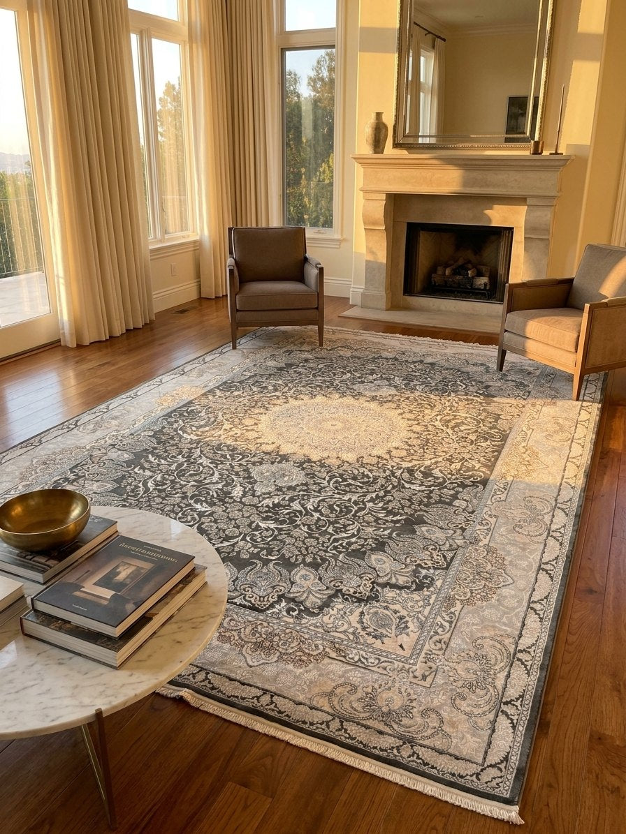 Dark Gray Floral Turkish Rug rug styled in a Sacramento home — Stylish Rugs & Carpets