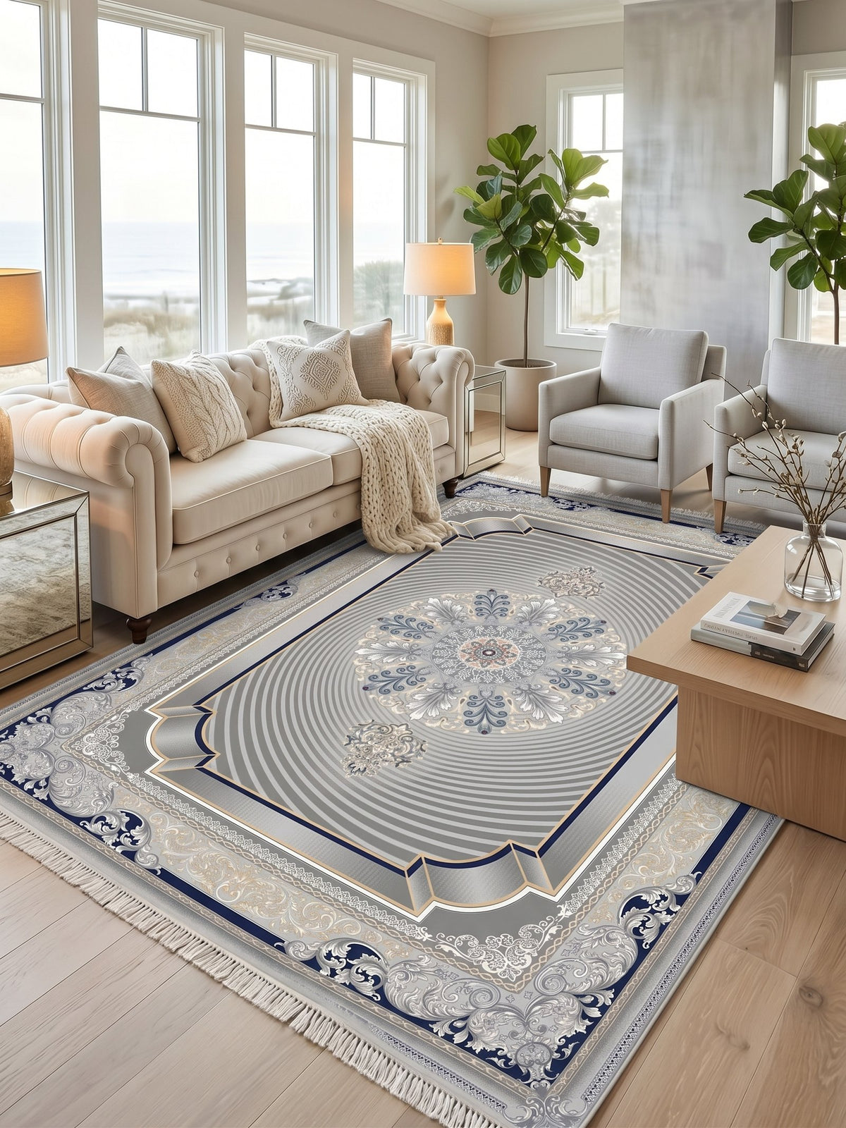 Light Gray 3D Persian Rug · 1200 Reeds styled in a room — Stylish Rugs & Carpets, Sacramento