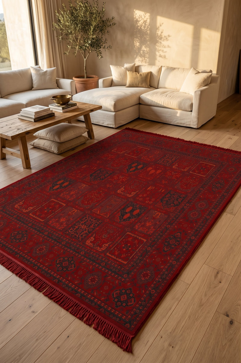 Red garden-panel Turkish rug, design 01736A, compartmented field — Stylish Rugs & Carpets, Sacramento