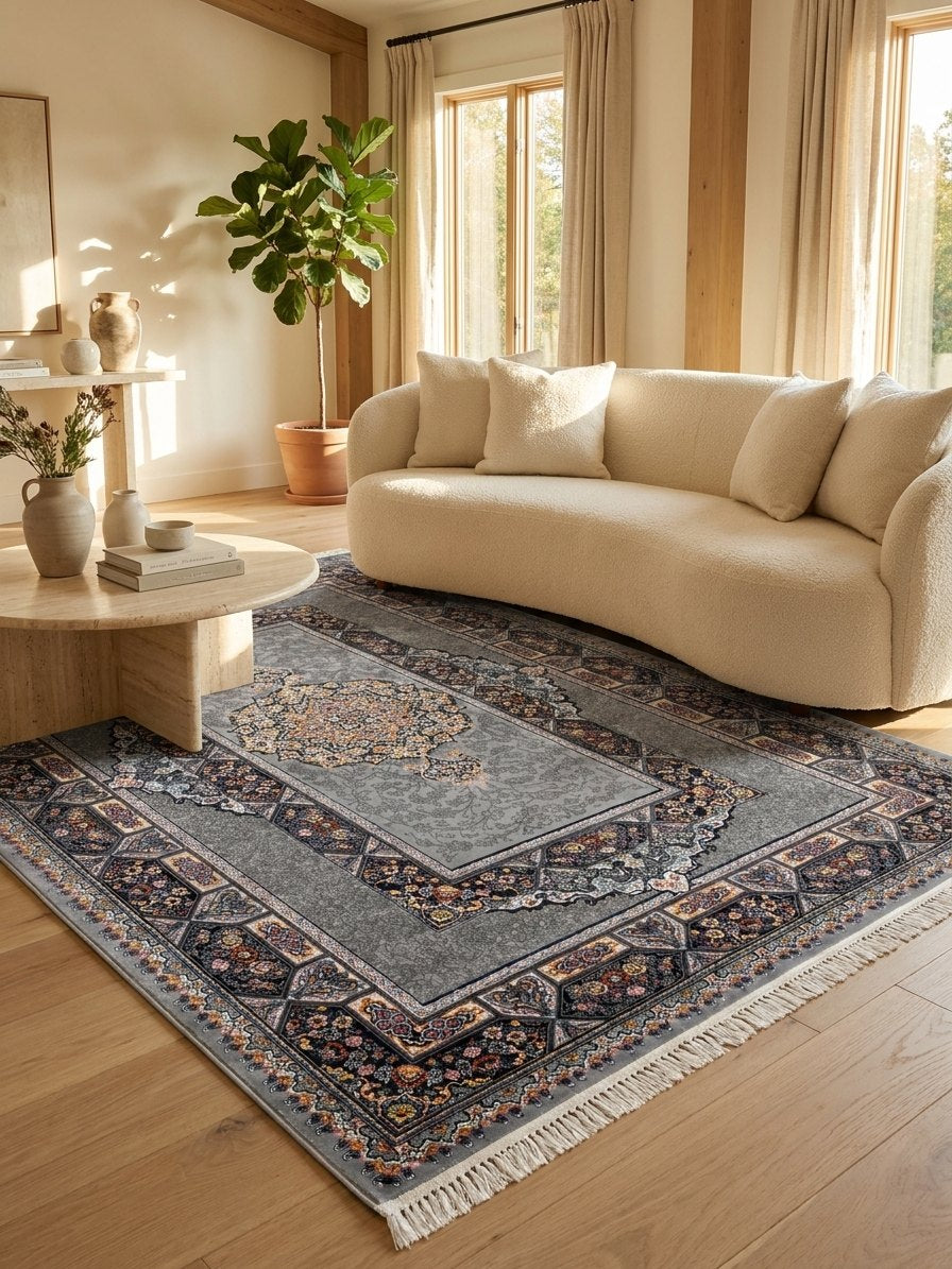 Light Gray Medallion Persian Rug · 1200 Reeds — size 5x7.5 ft (150x230 cm) 3.5Meters shown to scale in a living room — Stylish Rugs & Carpets, Sacramento