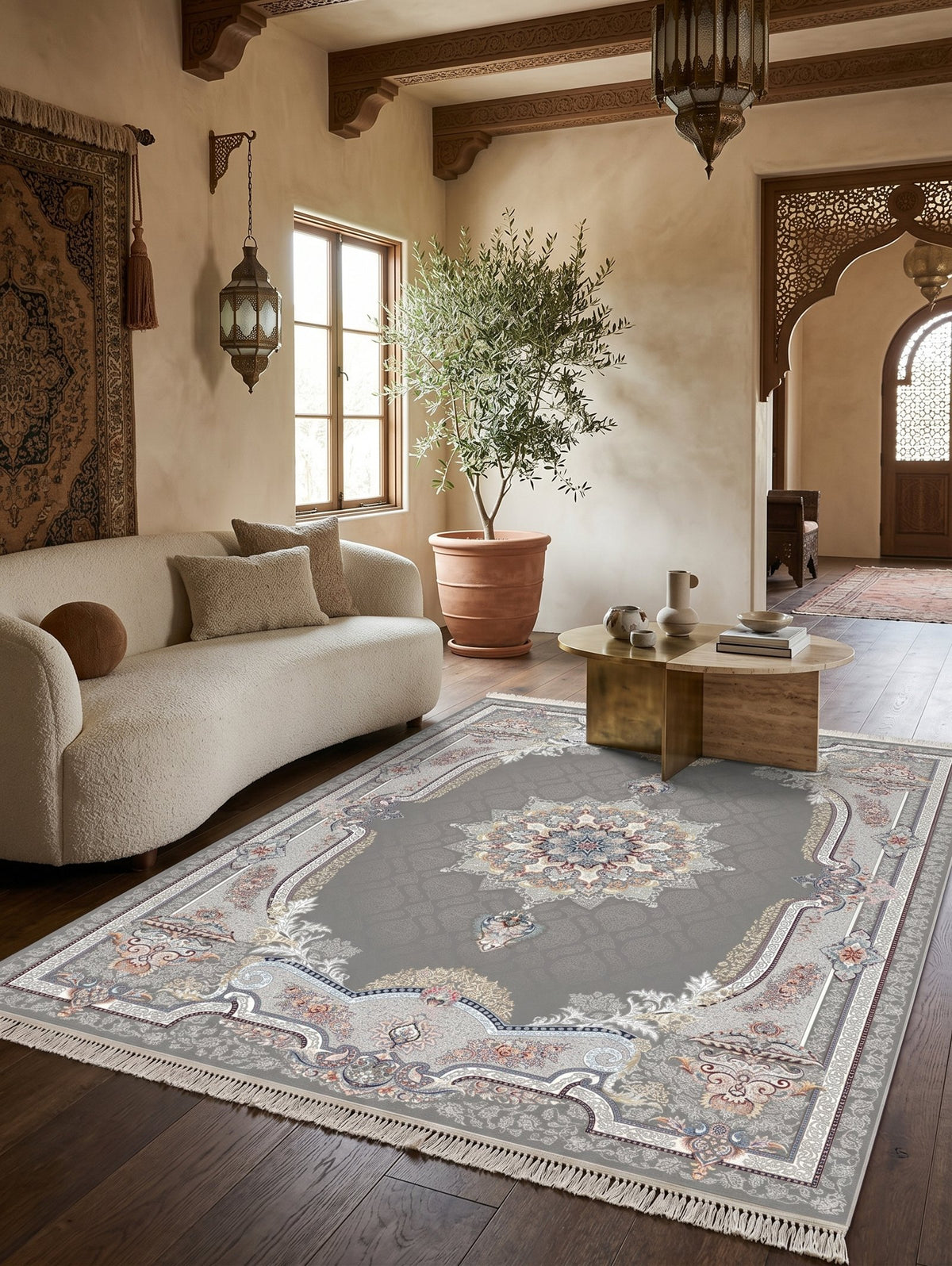 Steel Gray Ornate-Frame Medallion Persian Rug · 1200 Reeds styled in a room — Stylish Rugs & Carpets, Sacramento