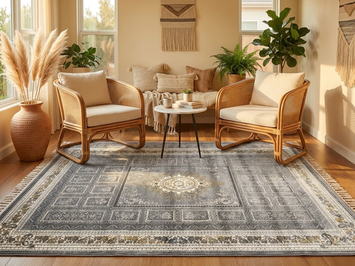 Gray & Silver Medallion Persian Rug · 1200 Reeds rug styled in a Sacramento home — Stylish Rugs & Carpets