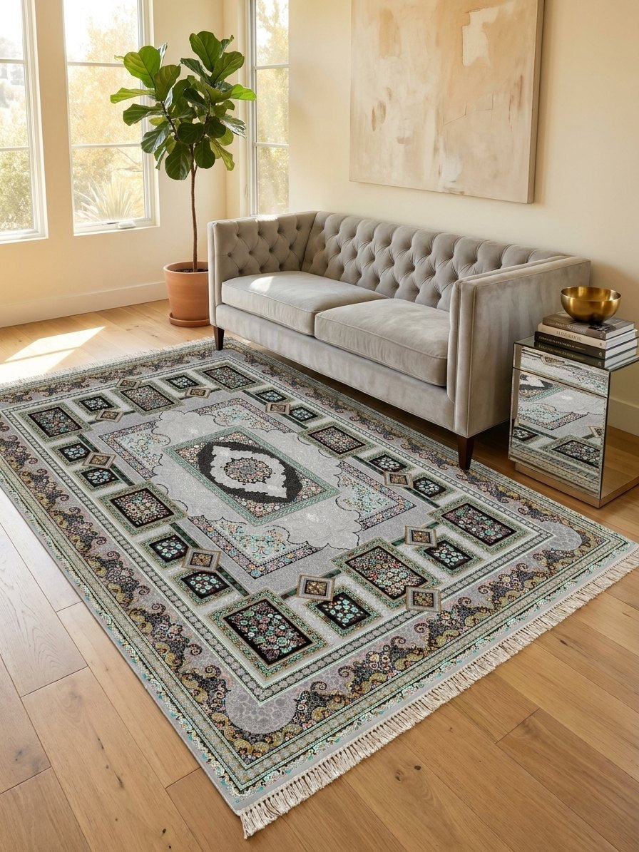 Silver Panel Persian Rug · 1200 Reeds — size 5x7.5 ft (150x230 cm) 3.5Meters shown to scale in a living room — Stylish Rugs & Carpets, Sacramento