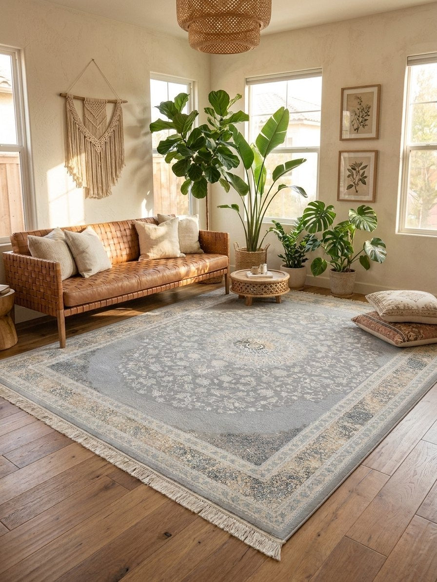 Cream & Gold Medallion Persian Rug rug styled in a Sacramento home — Stylish Rugs & Carpets