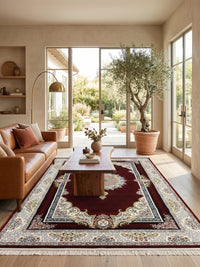 Crimson Red Floral Medallion Turkish Rug styled in a room — Stylish Rugs & Carpets, Sacramento