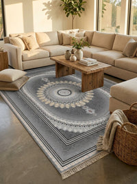 Dark Gray Medallion Persian Rug · 1200 Reeds — size 8.2x11.5 Feet (250x350 cm) 9Meters shown to scale in a living room — Stylish Rugs & Carpets, Sacramento