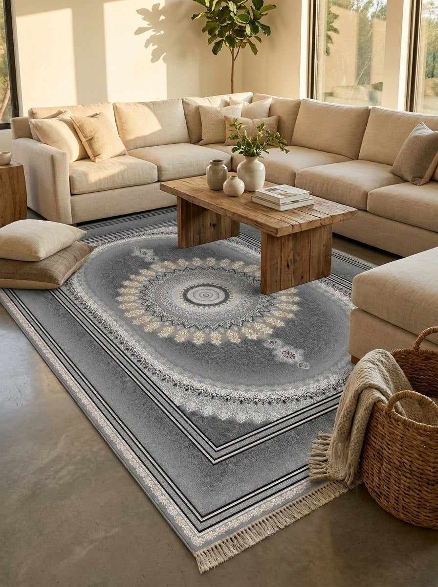 Dark Gray Medallion Persian Rug · 1200 Reeds — size 8.2x11.5 Feet (250x350 cm) 9Meters shown to scale in a living room — Stylish Rugs & Carpets, Sacramento