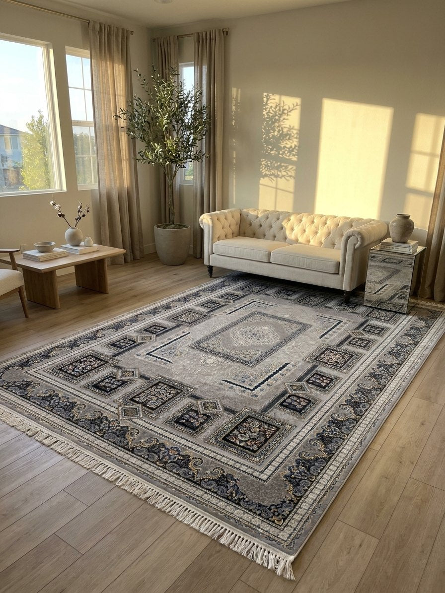 Gray Medallion Persian Rug rug styled in a Sacramento home — Stylish Rugs & Carpets