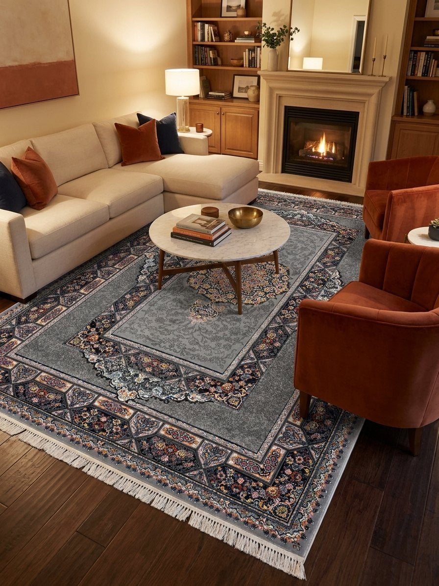 Light Gray Medallion Persian Rug · 1200 Reeds rug styled in a Sacramento home — Stylish Rugs & Carpets