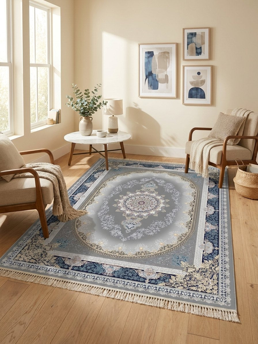 Navy Medallion Persian Rug · 1200 Reeds — size 3x6Feet (91x200cm)  2Meters Runner shown to scale in a living room — Stylish Rugs & Carpets, Sacramento
