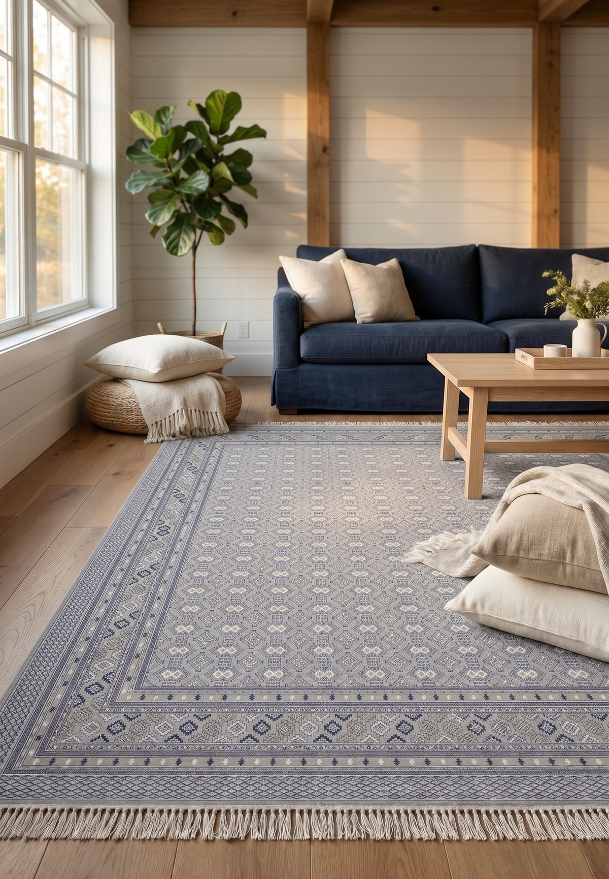 Grey & Navy Geometric Grid Rug - Arman — area rug styled in a room, Stylish Rugs & Carpets, Sacramento