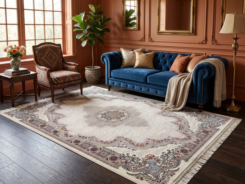 2026 Cream Luxury Traditional Medallion Rug 1200 Reeds | Stylish Rugs & Carpets