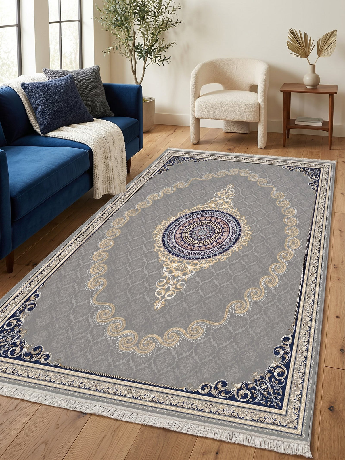Silver Gray & Gold Scroll Persian Rug · 1200 Reeds — size 3x13 Feet (91x400 cm) 4Meters Runner shown to scale in a living room — Stylish Rugs & Carpets, Sacramento