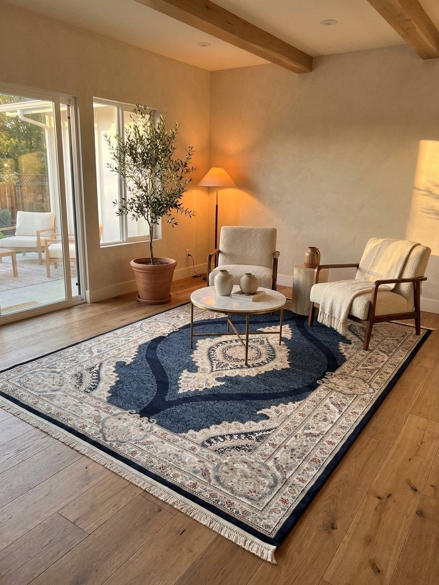Qom Navy Persian Design Rugs 2 Million Points rug styled in a Sacramento home — Stylish Rugs & Carpets