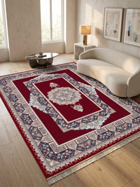 Red Traditional Medallion Persian Rug · 1200 Reeds — size 10×13 ft (300×400 cm) shown to scale in a living room — Stylish Rugs & Carpets, Sacramento