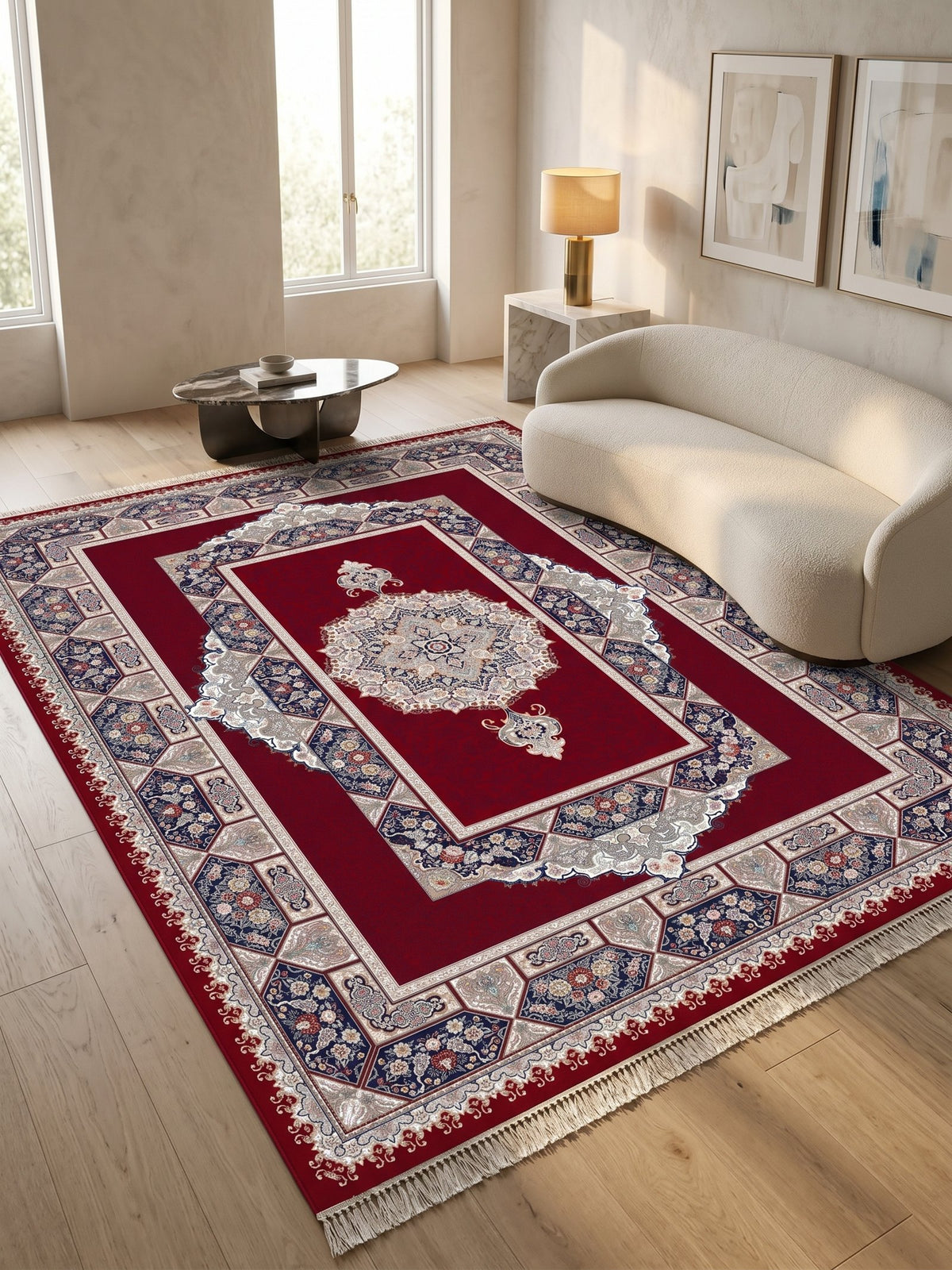 Red Traditional Medallion Persian Rug · 1200 Reeds — size 10×13 ft (300×400 cm) shown to scale in a living room — Stylish Rugs & Carpets, Sacramento