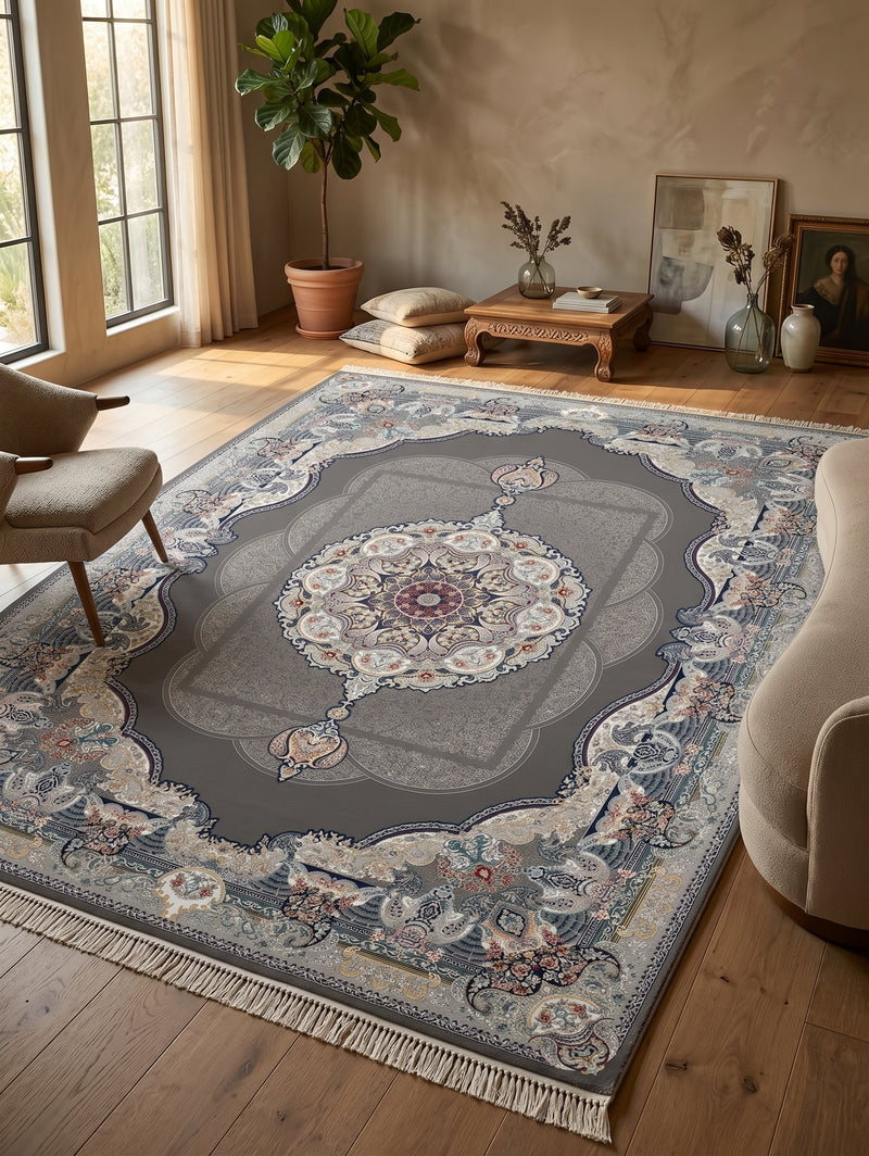 2026 Luxury Persian-Inspired Traditional Rug Dark Gray Royal Medallion 1200 Reeds