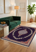 Burgundy & Gold Scroll Persian Rug · 1200 Reeds — size 3×6 ft (91×200 cm) shown to scale in a living room — Stylish Rugs & Carpets, Sacramento