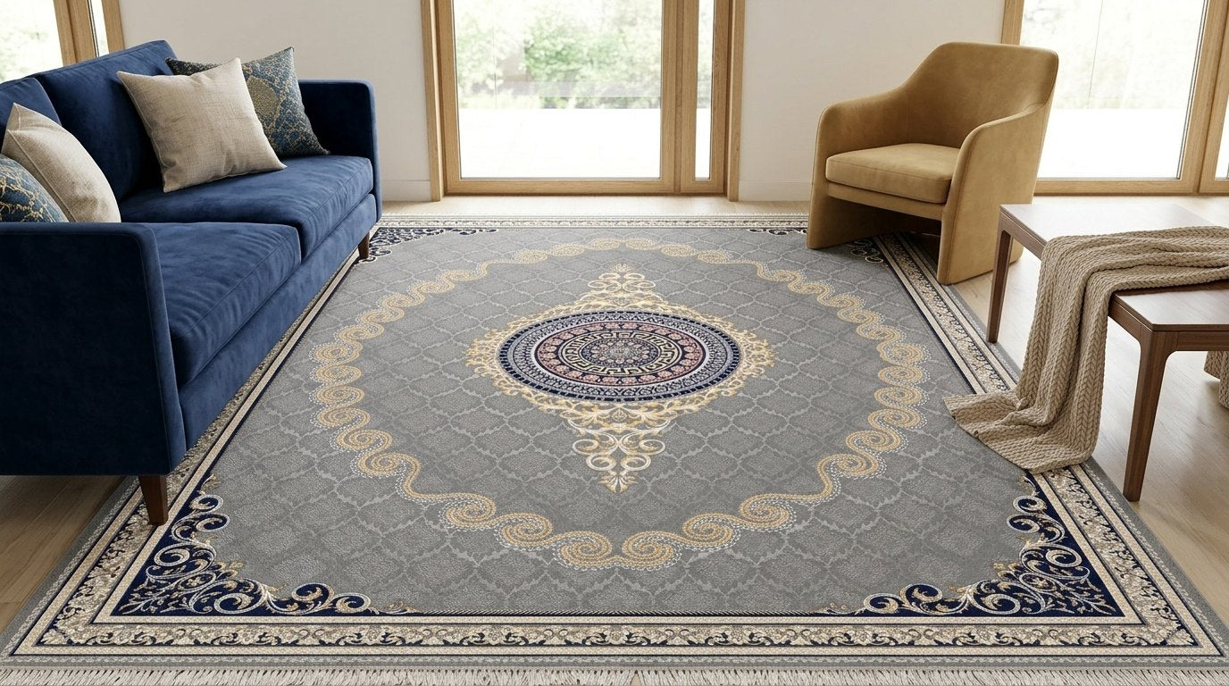 Silver & Gold Scroll Persian Rug · 1200 Reeds — size 6.5x10 Feet (200x300 cm) 6Meters shown to scale in a living room — Stylish Rugs & Carpets, Sacramento