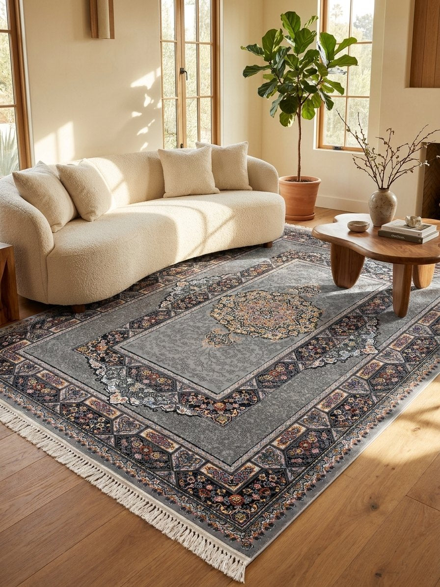 Light Gray Medallion Persian Rug · 1200 Reeds — size 10x13 Feet (300x400 cm) 12Meters shown to scale in a living room — Stylish Rugs & Carpets, Sacramento