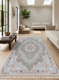 Light Gray Ornate Arch Medallion Persian Rug · 1200 Reeds — size 3x13 Feet (91x400 cm) 4Meters Runner shown to scale in a living room — Stylish Rugs & Carpets, Sacramento