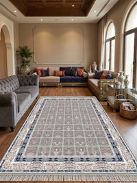 Gray Patchwork Persian Rug · 1200 Reeds styled in a room — Stylish Rugs & Carpets, Sacramento