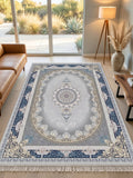 Navy-Border Silver Oval Medallion Persian Rug · 1200 Reeds — size 3x6Feet (91x200cm)  2Meters Runner shown to scale in a living room — Stylish Rugs & Carpets, Sacramento