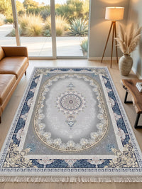 Navy-Border Silver Oval Medallion Persian Rug · 1200 Reeds — size 3x6Feet (91x200cm)  2Meters Runner shown to scale in a living room — Stylish Rugs & Carpets, Sacramento