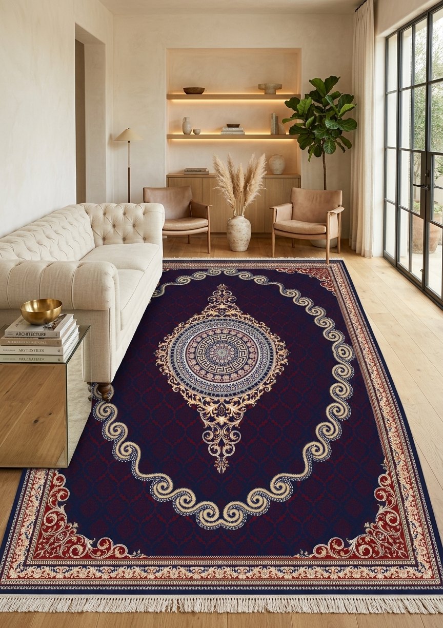 Red & Gold Scroll Persian Rug · 1200 Reeds — size 6.5x10 Feet (200x300 cm) 6Meters shown to scale in a living room — Stylish Rugs & Carpets, Sacramento