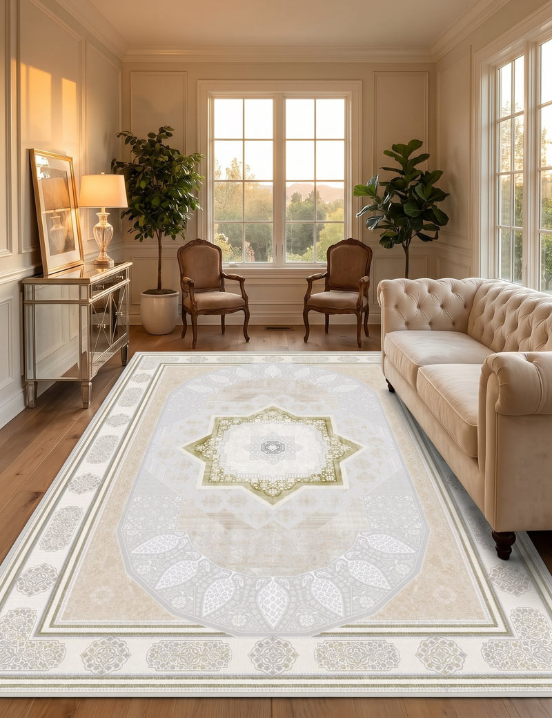 Light gray Turkish rug, design 5553A, with an eight-pointed gold star medallion inside an oval panel — Stylish Rugs & Carpets
