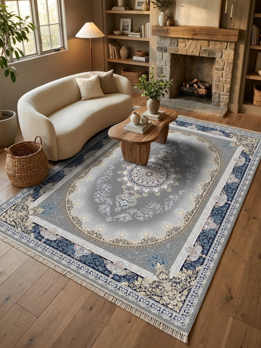 Navy Medallion Persian Rug · 1200 Reeds rug styled in a Sacramento home — Stylish Rugs & Carpets