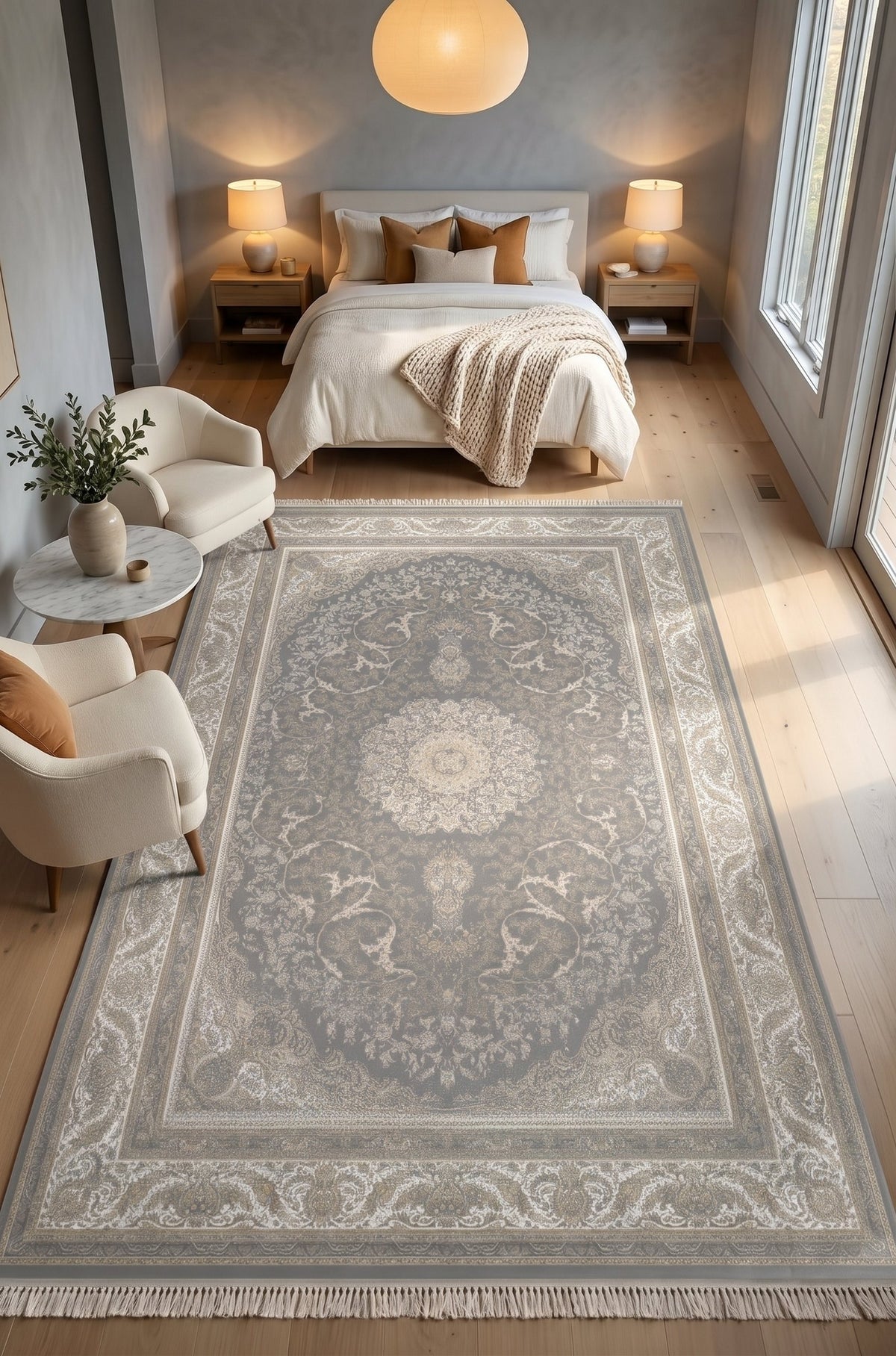 Grey Oval Medallion Rug - Shadow Art Silk — area rug styled in a room, Stylish Rugs & Carpets, Sacramento