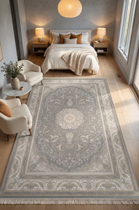 Grey Oval Medallion Rug - Shadow Art Silk — area rug styled in a room, Stylish Rugs & Carpets, Sacramento